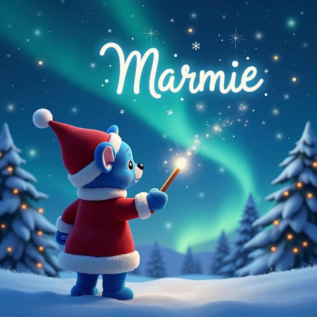 Blue bear character with a wand facing the northern lights. Background features snow-covered trees and a magical Christmas theme. The character writes 'Marnie' in the sky.