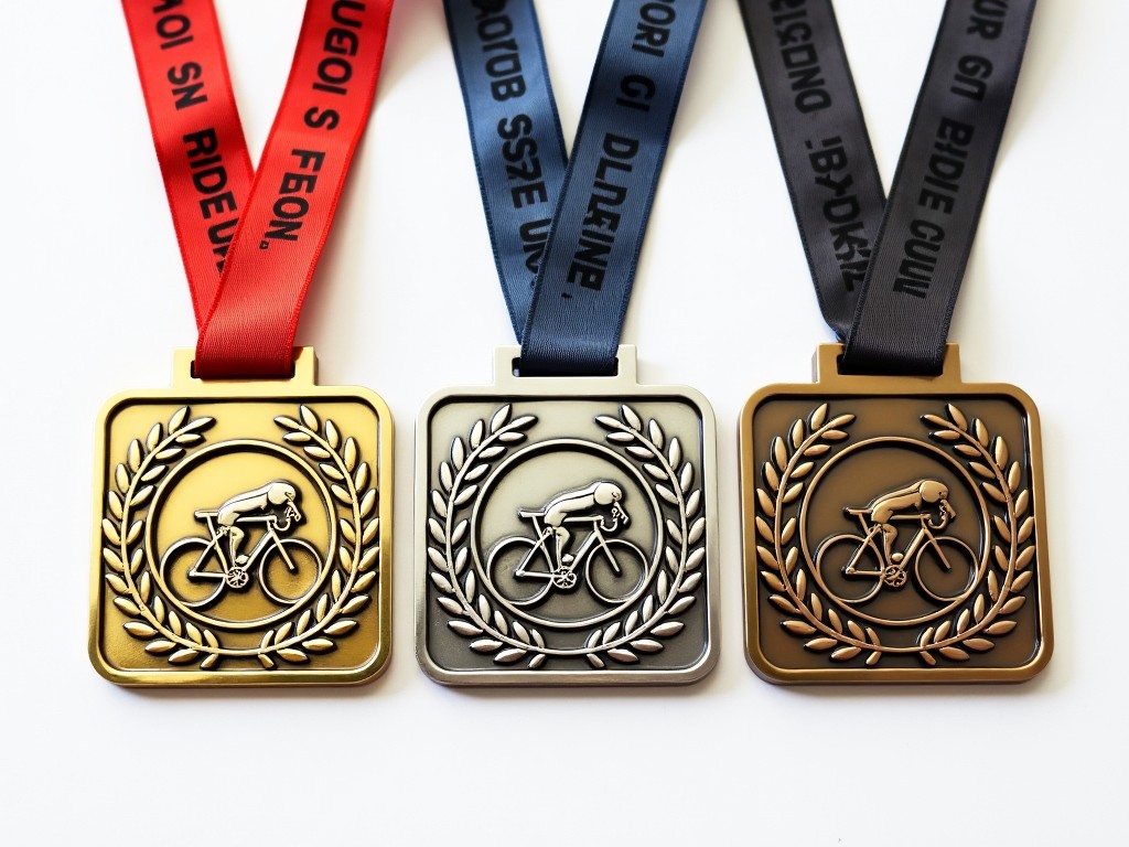 This image features three cycling medals awarded for sports achievements. The medals are arranged in a row on a white background. Each medal is uniquely styled, with gold, silver, and bronze colors that signify different ranks in a competition. The design includes a cycling figure surrounded by laurel leaves, symbolizing victory. The ribbons attached to each medal are colored red and black, adding a vibrant contrast to the metallic shine of the medals.