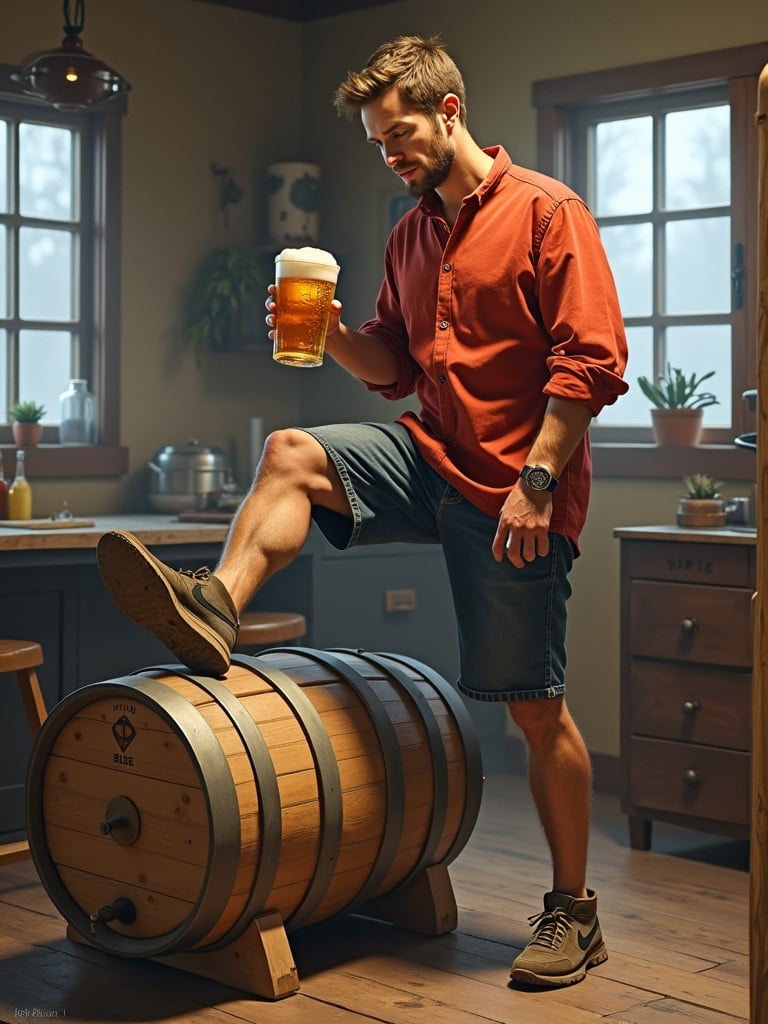 A man stands on a wooden keg in a warm kitchen. He holds a frosty pint of beer above his head, wearing a red shirt and denim shorts. The keg lies on the floor besides him, and the room features kitchen items and plants.