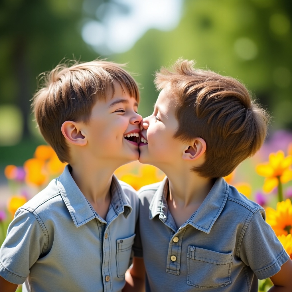 Two boys share a kiss in a flower-filled environment. Boys have short brown hair and wear light blue shirts. The backdrop is bright and lush, evoking a sense of joy. The scene symbolizes childhood innocence and affection among siblings.