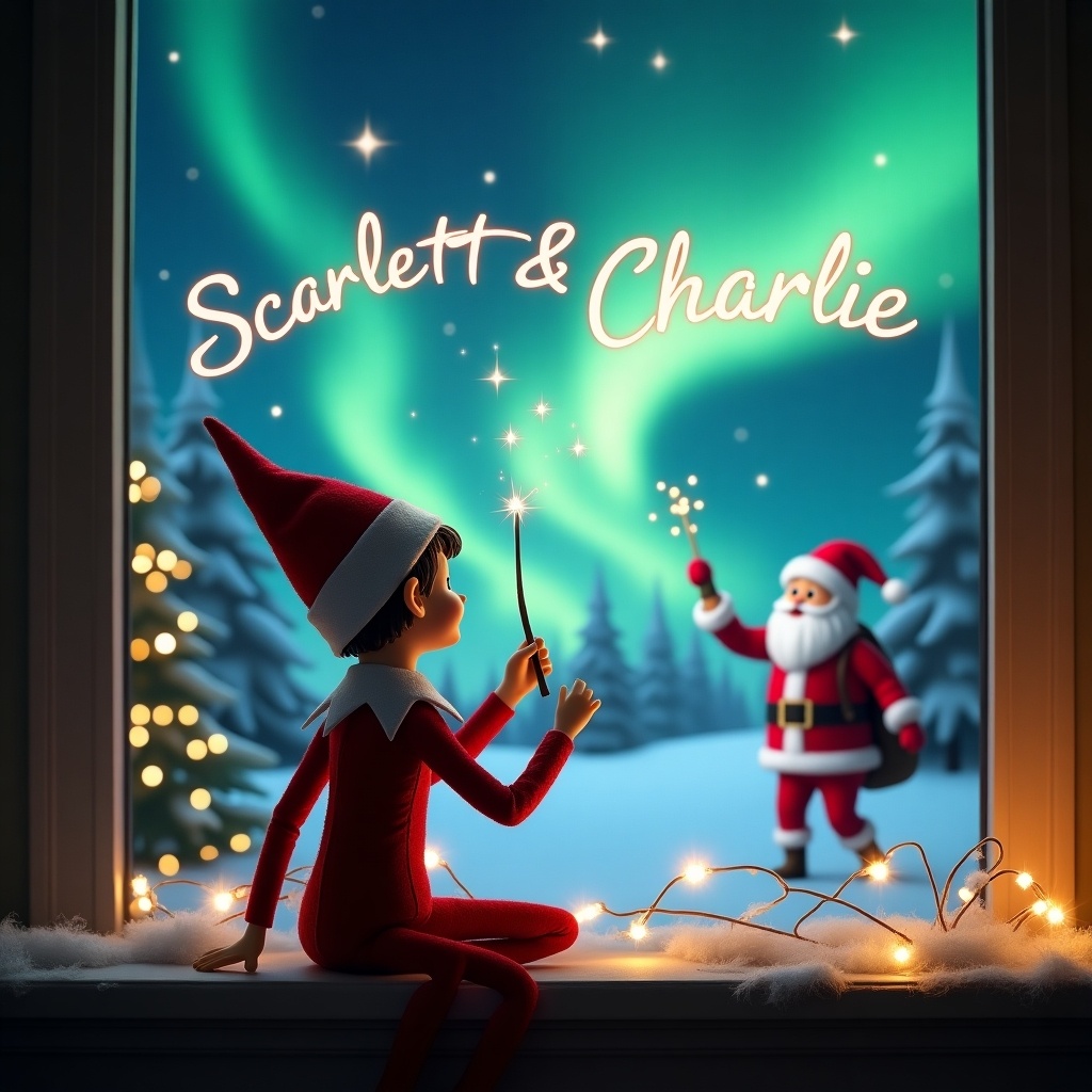 The image features an elf on the shelf with his back to the viewer, gazing up at a magical Christmas sky. The elf is using a wand to elegantly write the names 'Scarlett & Charlie' in the clouds. In the background, there are vibrant northern lights illuminating the night sky. Moreover, Santa Claus is portrayed in the scene, adding to the festive atmosphere. The overall mood is whimsical and enchanting, perfect for the holiday season.