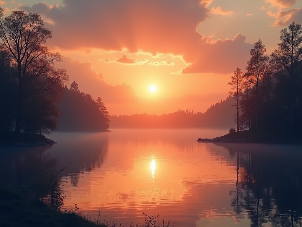 A serene lake landscape at sunset with a vibrant orange sky reflecting on the water, surrounded by silhouettes of trees.