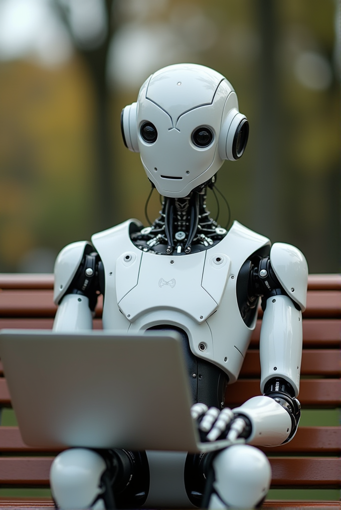 A humanoid robot with a sleek white and black design sits on a bench using a laptop, set against a blurred natural background.