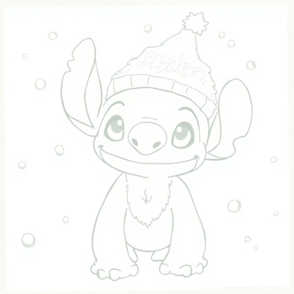 Coloring page showing Stitch in winter wonderland. Stitch wears Santa hat with name Ryder.