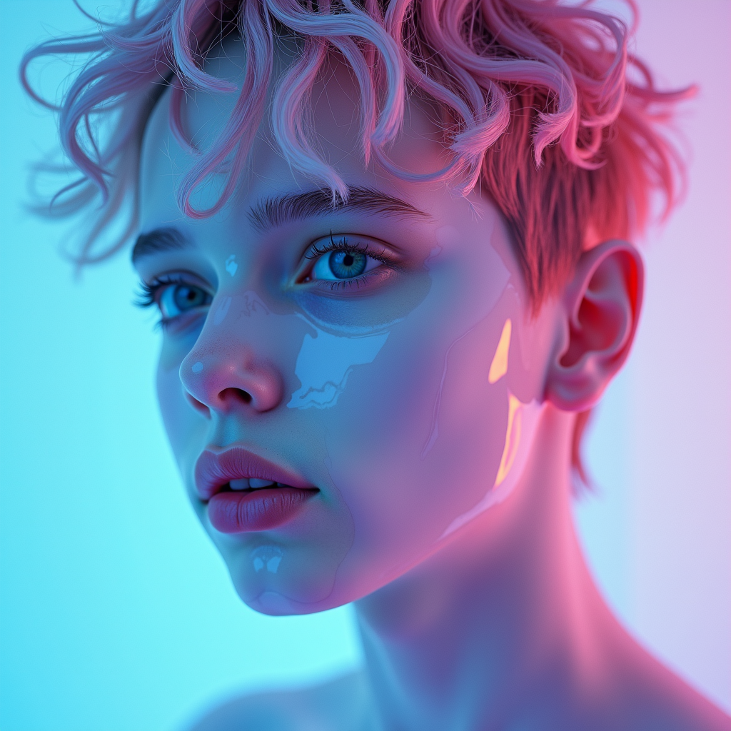 A young person with glossy skin is illuminated by vibrant blue and pink lights, creating a surreal and ethereal portrait.