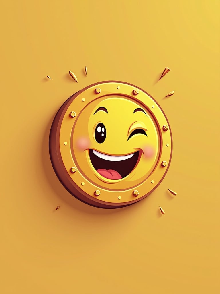 Illustration of a cartoonish memecoin logo. The logo features a gold coin with a smiley face winking. Background is a bright yellow. Coin has a circular shape with rivets around its edge. Imagery conveys happiness and positivity.