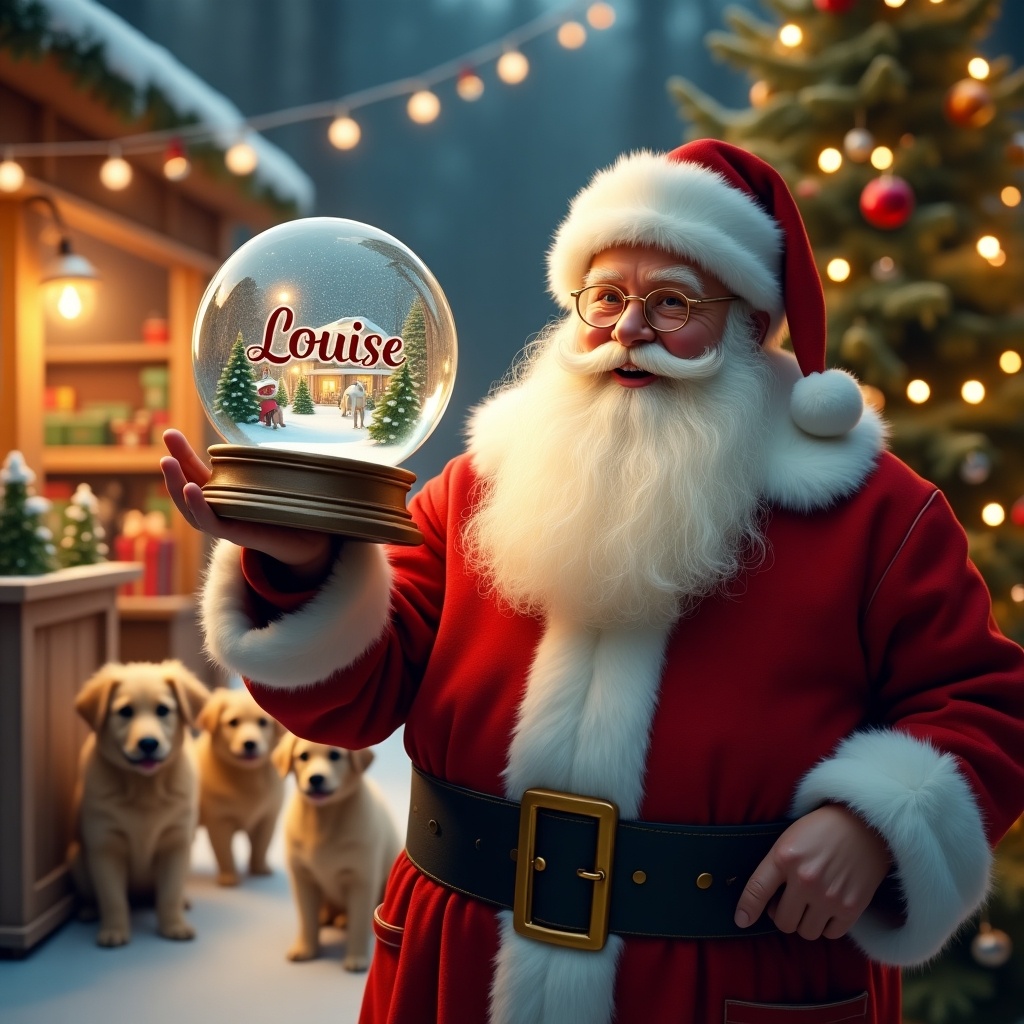 Christmas scene with Santa Claus in red and white suit holding snow globe. Snow globe has the name 'Louise'. Background shows toy shop with festive decorations glowing lights and three dogs.