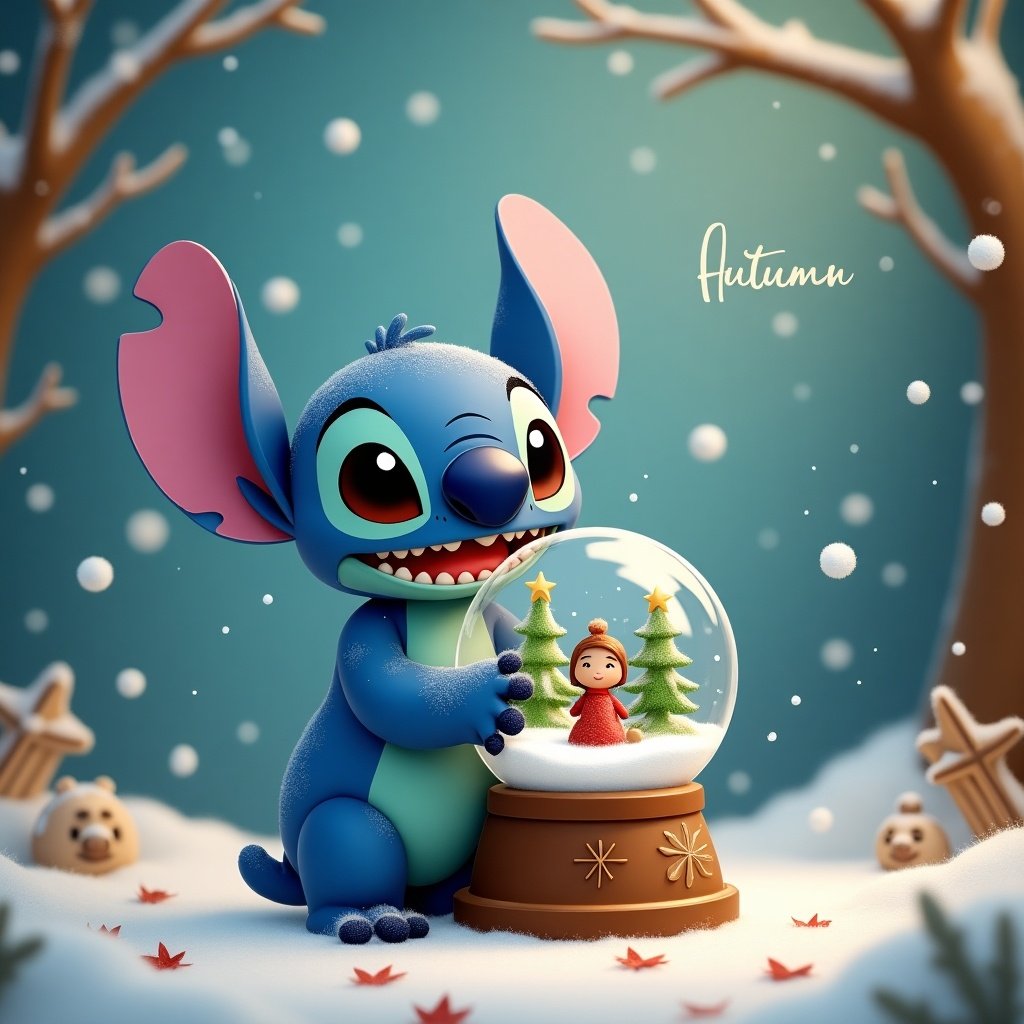 Stitch character holds a Christmas snow globe filled with trees and a tiny figure. Snowflakes and festive decorations in the background create a cozy winter scene.