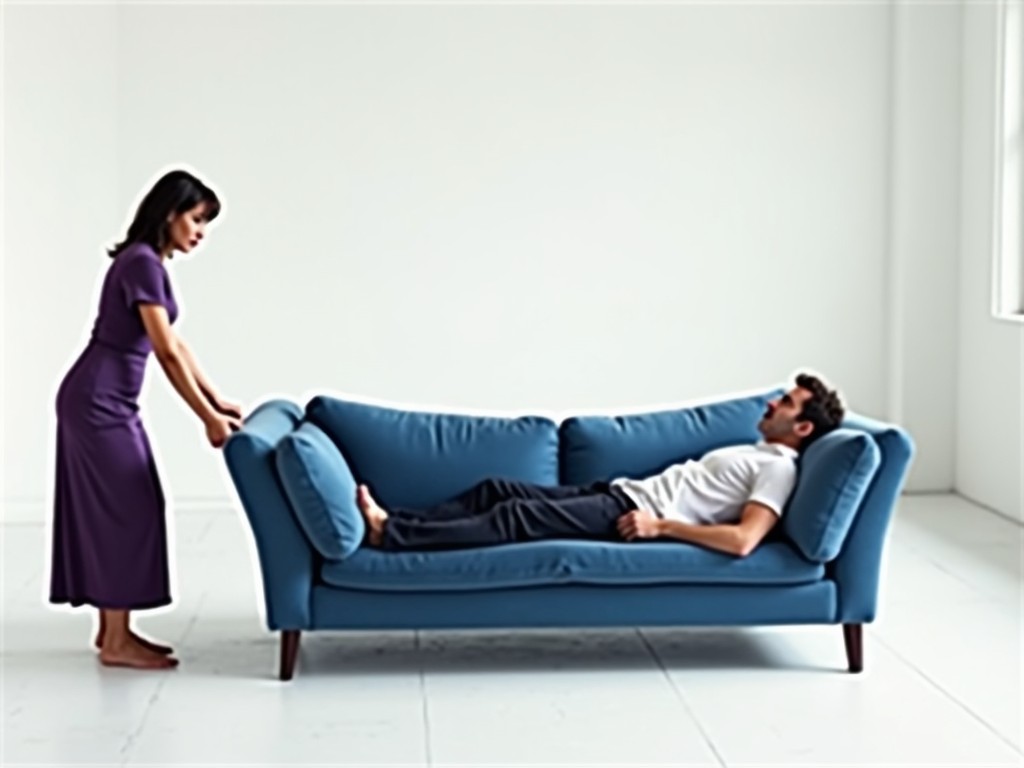 In a minimalist room with white walls, a woman is dragging a large, blue sofa. The sofa remains unchanged in its design and color. On the sofa lies a man, displaying a surprised expression as he is being pulled along. The woman, wearing a purple top and long skirt, seems effortlessly strong. The setting is simple, emphasizing the unusual situation of this scene.