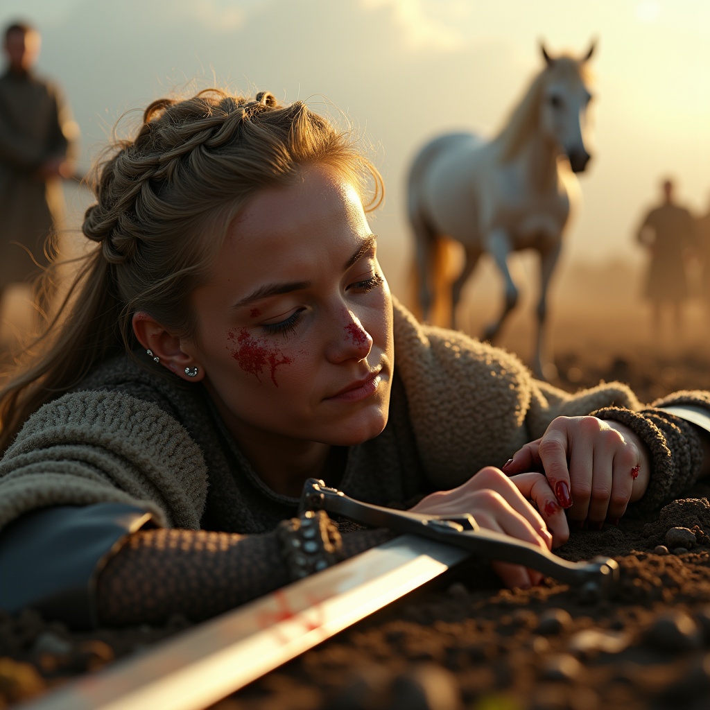 Tilu Rauteli lies on the ground in a close-up shot. Exhausted yet resolute form illuminated by morning sun. Hand grips sword tightly, resting against the earth. Face marked with blood and dirt. Struggle and resilience reflected in her expression. Half-closed eyes filled with determination. Loyal white horse stands protectively nearby. Surroundings show traces of battle including broken weapons. Scene captures perseverance and courage.