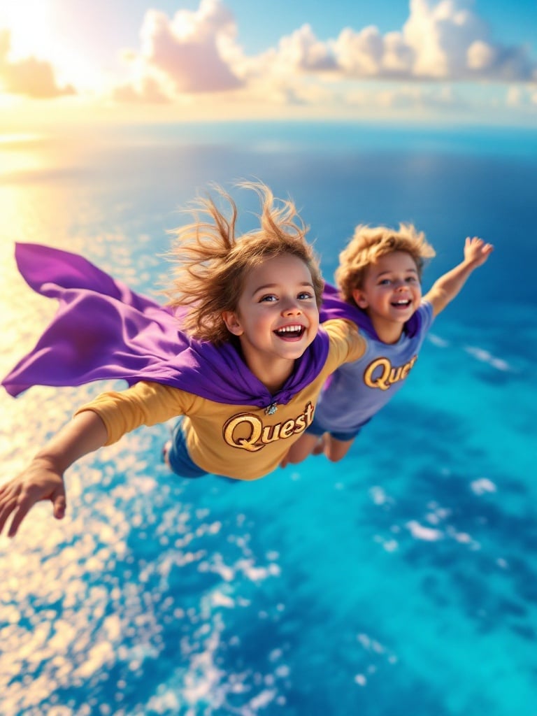 Enchanting scene of two joyful toddlers soaring through the sky. Vibrant blue Caribbean Sea below. Dynamic purple capes flutter in the wind. Bright colored shirts with the word Quest. Gleeful smiles and sparkling eyes show excitement. Warm sun glow adds magic to the perfect day.