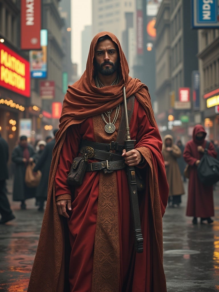 A cloaked figure stands in the busy streets. The figure is wearing a detailed robe with intricate patterns. The backdrop shows a foggy urban environment filled with people. The character holds a long weapon, adding to the mystique and drama of the scene.