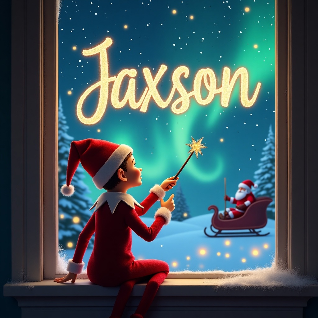 The image features an elf sitting on a window ledge with his back to the viewer. He is facing the sky, using a wand to write the name 'Jaxson’ in shimmering letters. The background is enchanting, depicting a magical Christmas scene complete with twinkling stars and colorful northern lights. In the background, Santa Claus can be seen in his sleigh, adding to the festive atmosphere. The elf is dressed in a classic red outfit and a pointed hat, emphasizing the holiday spirit. The elf holds a wand and is using it to write the name 'Jaxson' in sparkling letters.