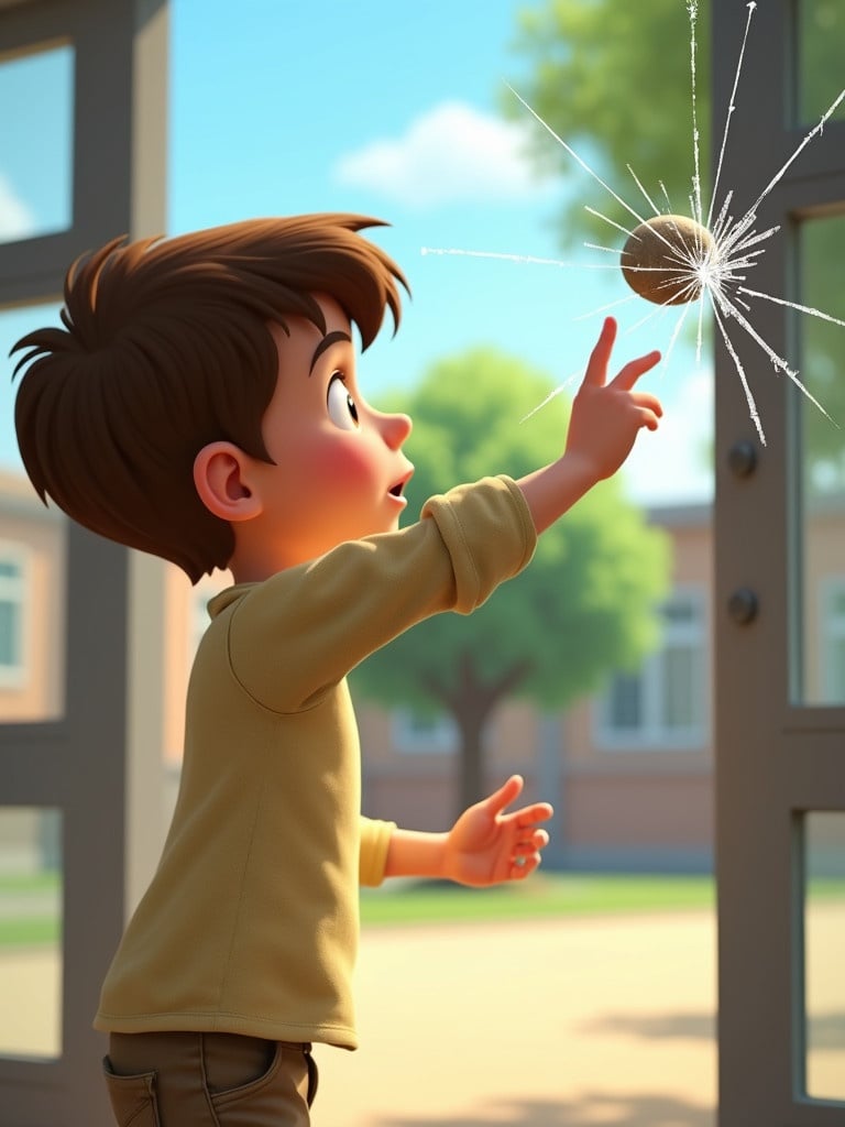 3D animated scene of a young boy about 12 years old throwing a stone at a window. A stone is about to hit the glass with cracks forming. The setting is outside a school building with trees in the background and a clear sky. The mood is intense and the lighting is soft.