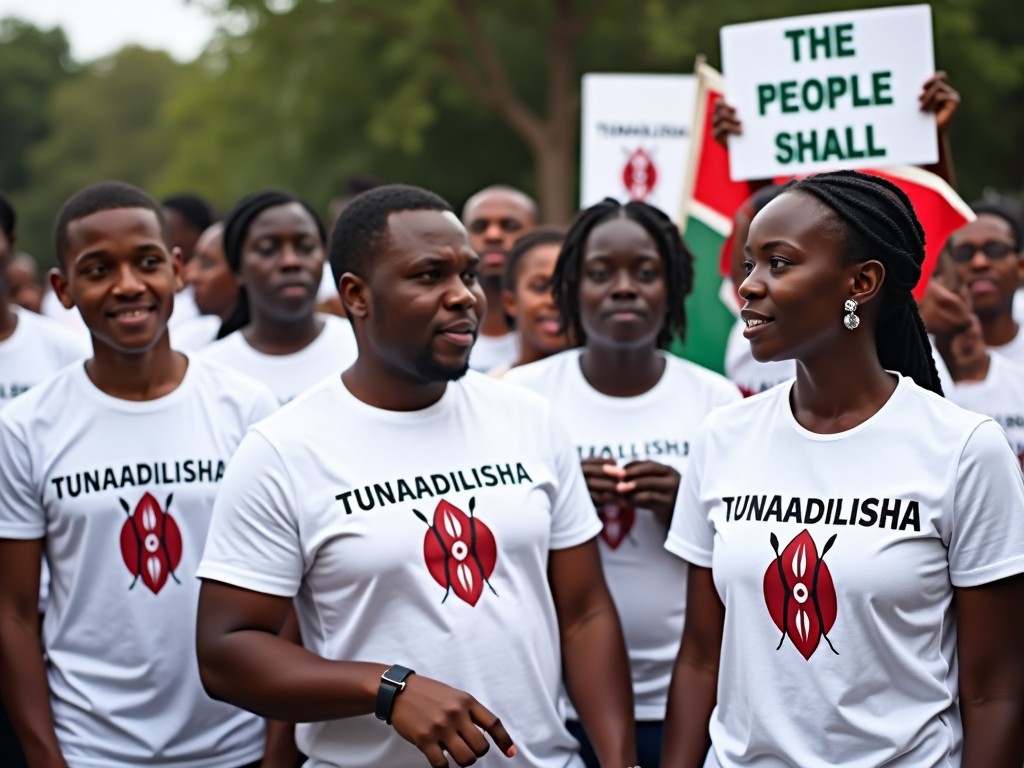 A diverse group of people wearing matching TUNAADILISHA t-shirts participating in a peaceful rally.