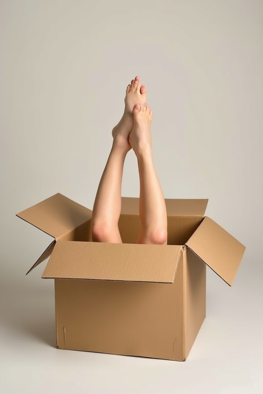 Female feet visible above the edge of a large cardboard box. Box flaps are open and the background is simple neutral color. Focus on the feet creating an interesting perspective.