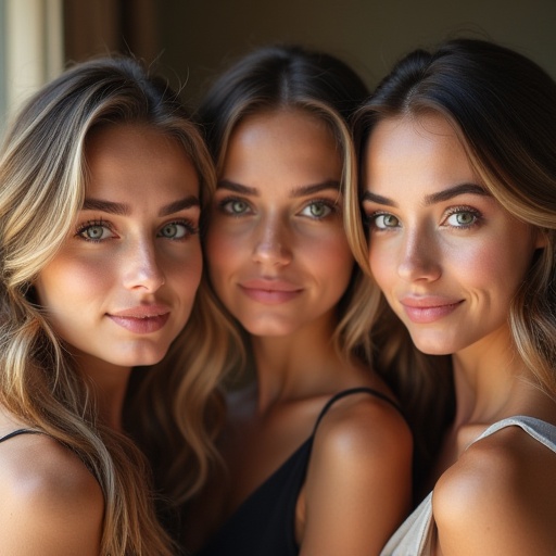 Three stylish young women pose together. They exhibit fashionable hairstyles and outfits. The image captures a warm atmosphere with natural lighting. They portray youthful camaraderie and confidence.