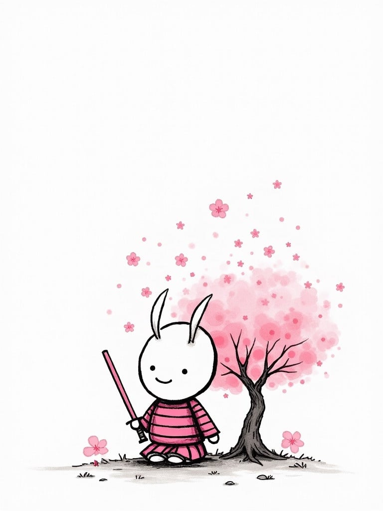 A simple black and white drawing of a stickman with a round head and large eyes, smiling. Body is a basic shape with pink armor, sitting by a cherry blossom tree. A pink katana emits aura with falling blossoms around it. Kason is in the signature at the bottom right.