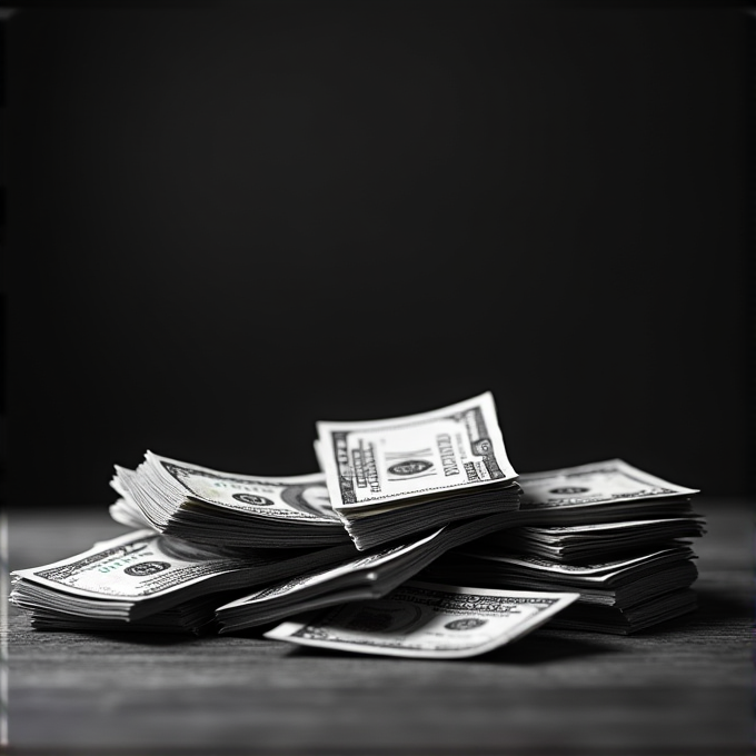 A pile of neatly arranged US dollar bills sits on a table against a dark background.