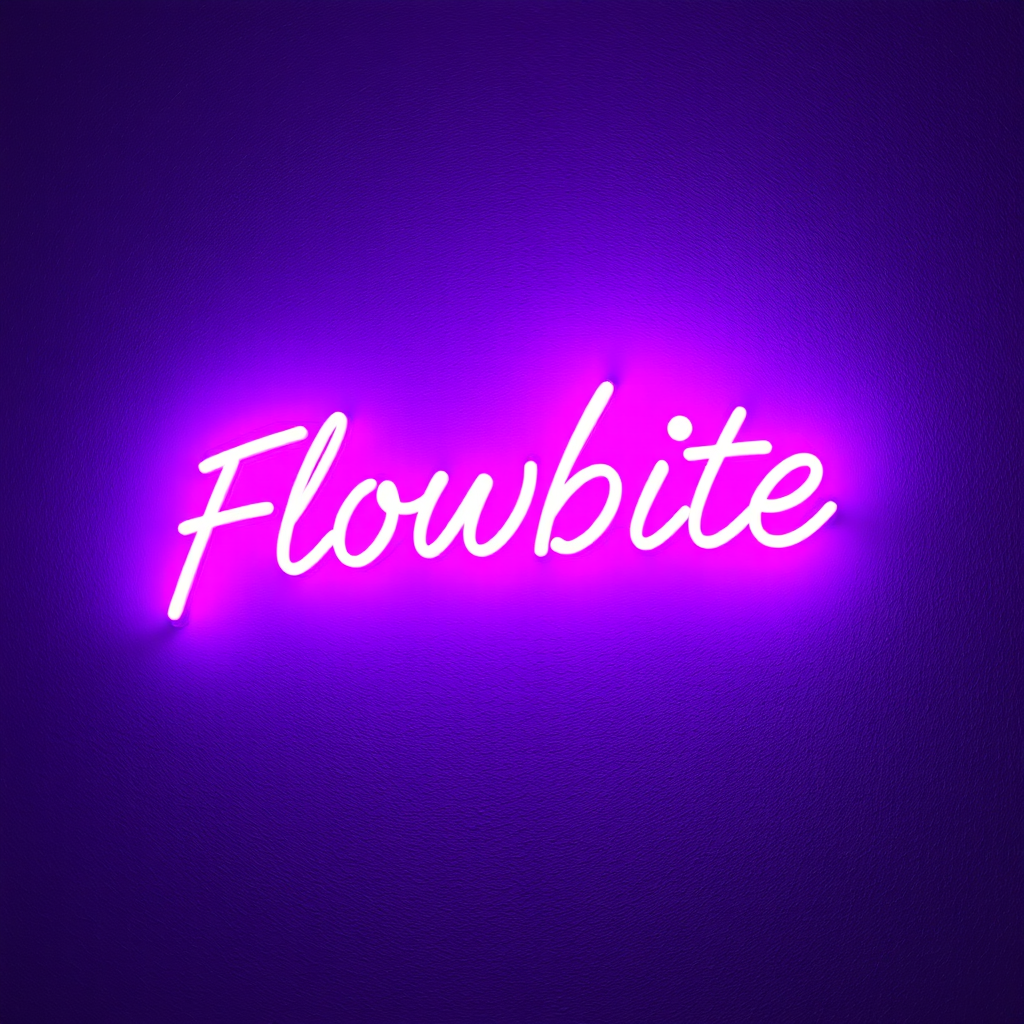 A purple neon sign displays the word 'Flowbite' in a cursive font, emanating a soft glow against a dark background.