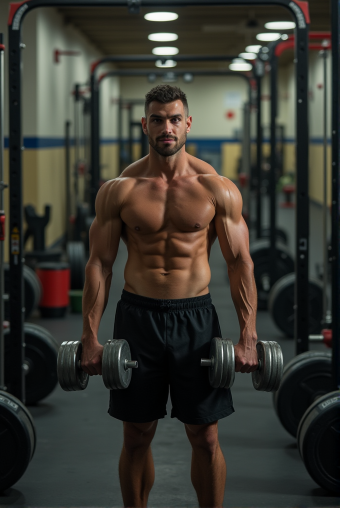 A muscular man in black shorts holds dumbbells in a gym with various weightlifting equipment in the background.