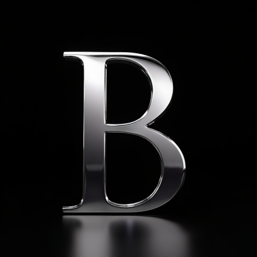 A chrome letter B featured prominently. Design lacks serifs. The background is black. Focused spotlights create a shimmer effect.