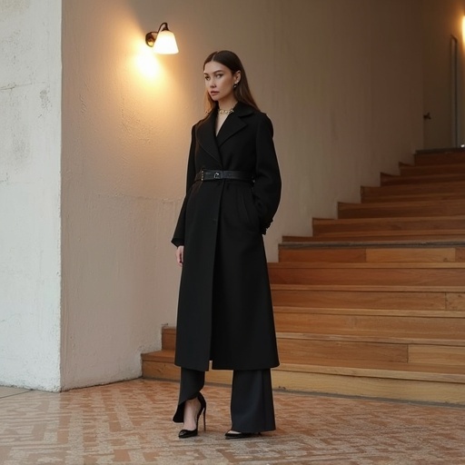 A model poses wearing an elegant black coat. The coat is belted at the waist. She stands on a herringbone patterned floor next to wooden stairs. Soft light illuminates the wall, enhancing the urban vibe. The setting is elegantly designed.