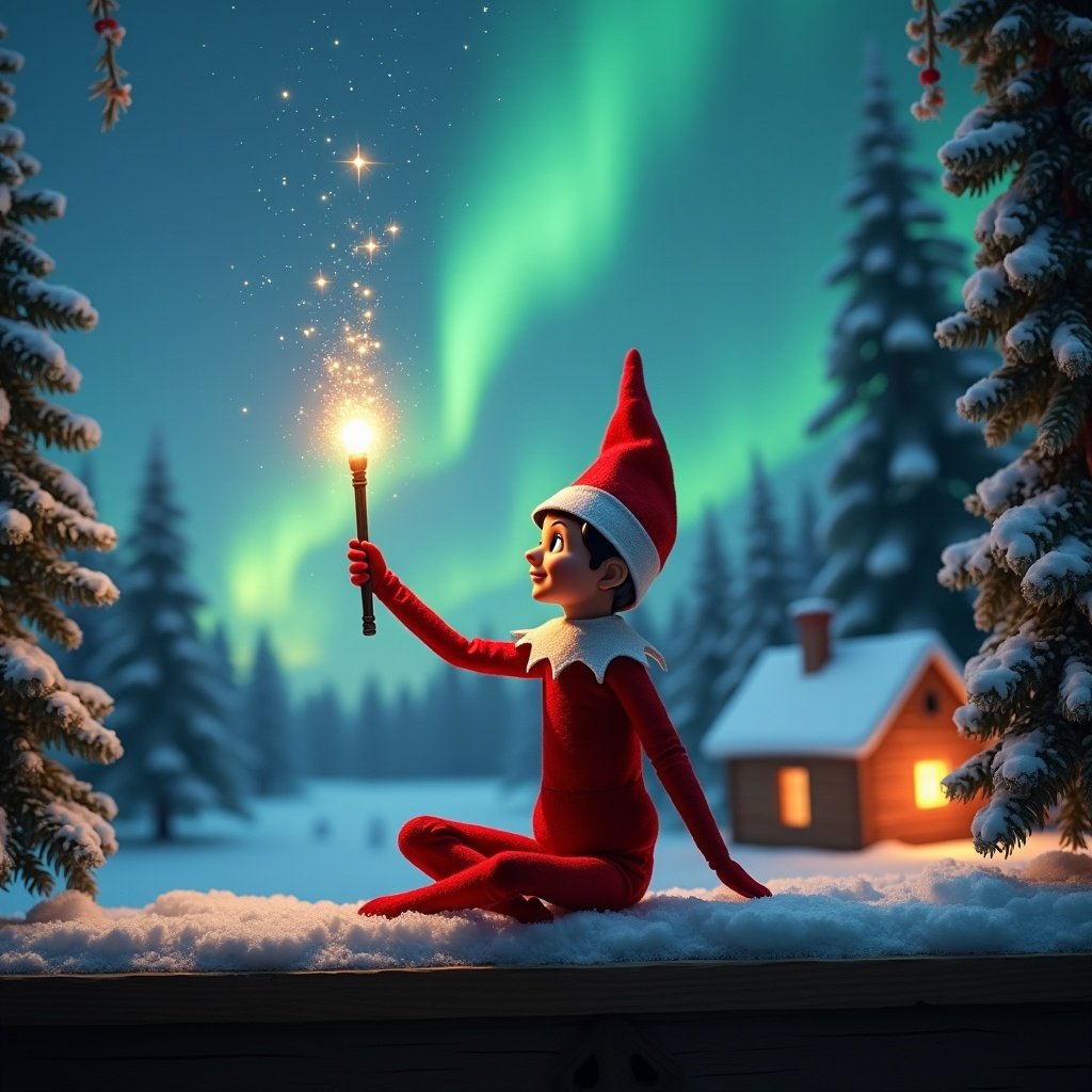 Elf sits with back to viewer. Elf holds glowing wand. Gazes skyward with wonder. Colorful northern lights in the background. Cozy house is in distance. Snow covers ground. Symbolizes Christmas magic and joy. Name 'Kolesun' appears from wand.