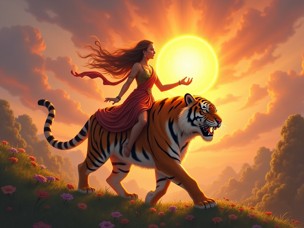 A beautiful woman with flowing hair rides a majestic tiger. She is gracefully positioned atop the tiger, holding a radiant sun in her outstretched hand. The background features a stunning sunset with vibrant orange and yellow hues. Flowers dot the grassy hillside, adding color and life to the scene. The overall atmosphere evokes a sense of adventure, power, and connection with nature.