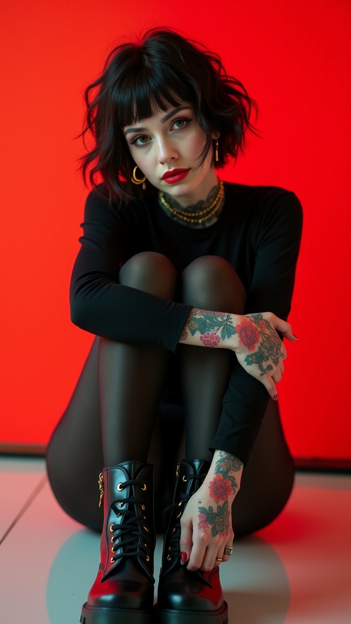 The image features a young woman sitting against a vivid red background. She's dressed in black attire with lace-up boots, and adorned with colorful floral tattoos on her arms. Her expression is pensive, and her dark hair and bold lipstick add to the dramatic contrast against the red backdrop.