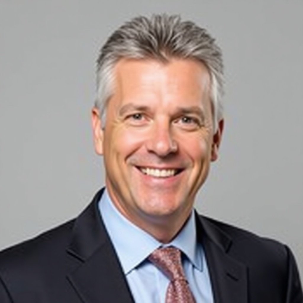 Image of a professional man with gray hair. Man is wearing a suit and tie. He smiles and looks at the camera. Background is neutral in color. Attire indicates a business context. Image conveys confidence and approachability.