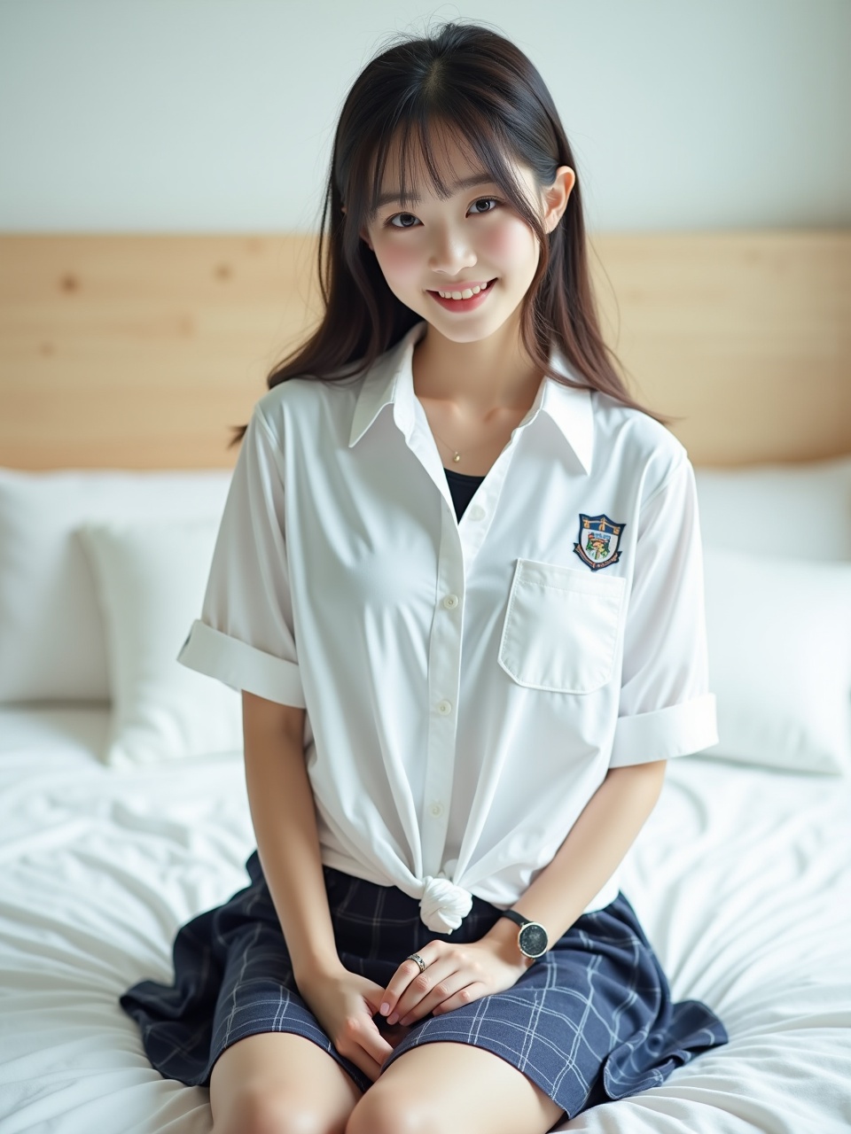 A young woman sitting on a bed in a bright room, wearing a white blouse and plaid skirt, smiling gently.