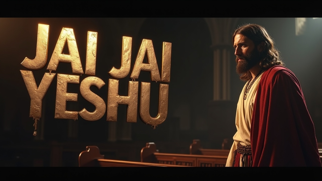 This image features a man with long hair and a beard wearing a red and white robe, reminiscent of traditional depictions of historical figures in religious contexts. The environment suggests an old, elegantly styled architecture, possibly a church or cathedral, with rows of pews in the background. Dominating the image are the words 'JAI JAI YESHU' in large, bold letters, adding an inspirational and reverent tone.