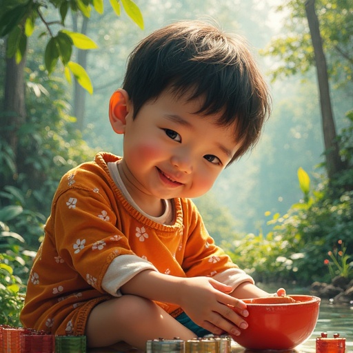 A cheerful child smiling while playing with a bowl in a lush green environment. The child has a playful expression and is surrounded by nature.