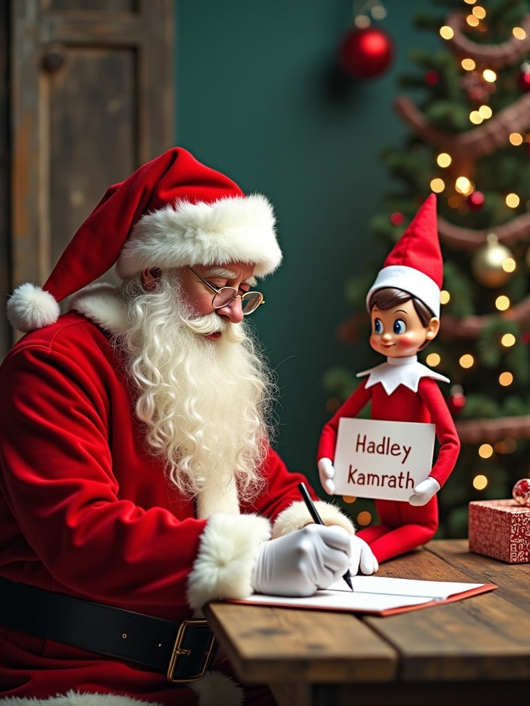 Santa Claus in red suit sitting at a wooden table. Elf on the shelf nearby holding a sign. Christmas tree in background with lights. Holiday theme with warm lighting.