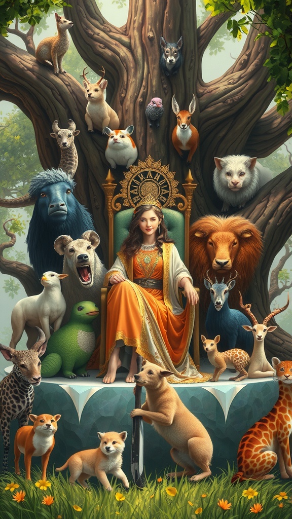 A woman in regal attire sits on a throne surrounded by a diverse collection of animals in a forest setting.