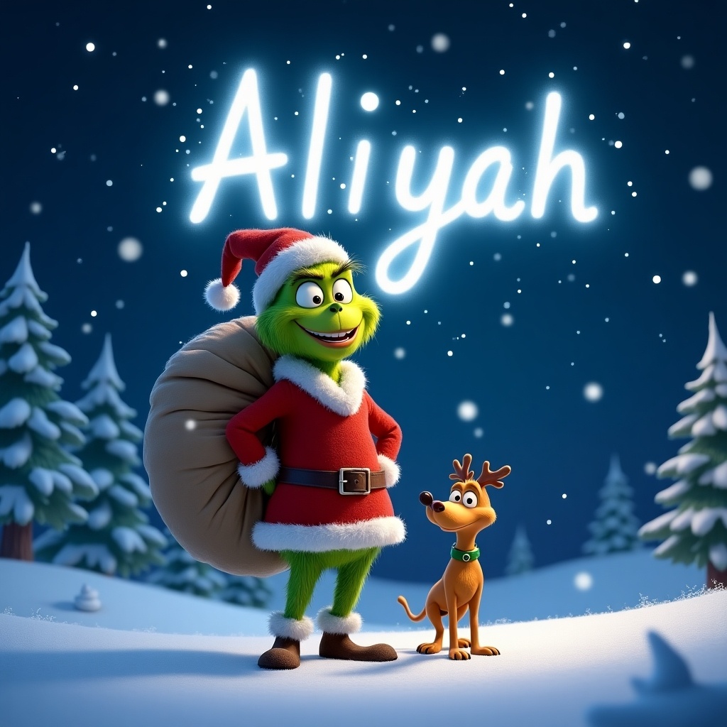 A smiling Grinch in a red suit stands in snow. He carries a large sack and writes 'Aaliyah' in the night sky. Max the dog smiles in the background. Stars sparkle above pine trees in a winter setting. Snowflakes fall around him.