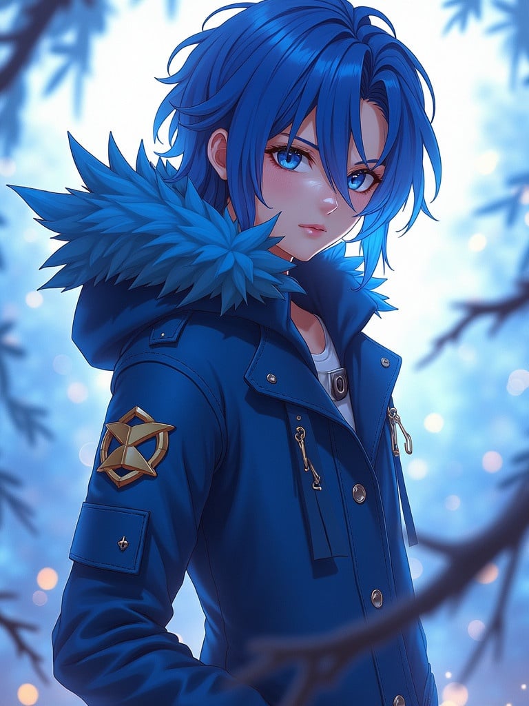 Create an original character inspired by the anime Blue Lock. The character has blue hair and wears a blue coat with a hood. The environment is soft and dreamy with blue hues and bokeh effects.