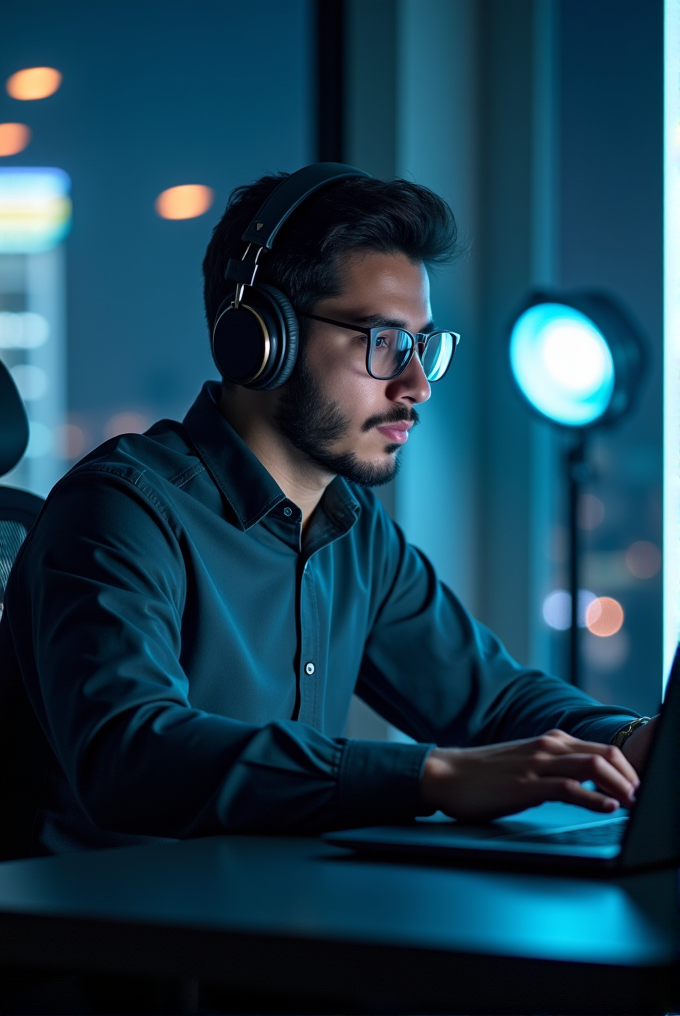 A concentrated individual wearing headphones and glasses works on a laptop, illuminated by the cool hues of a modern cityscape at night.