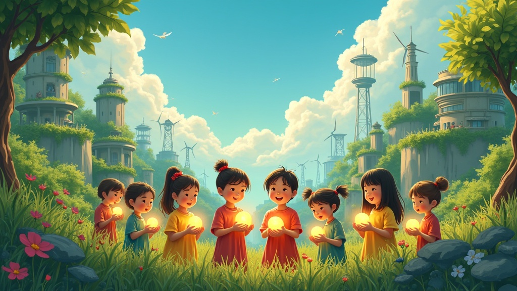 Group of children stand together in a lush green area. Each child holds a glowing globe. Background contains eco-buildings wind turbines and solar panels. Sky is bright with fluffy clouds. Scene is vibrant and joyful.