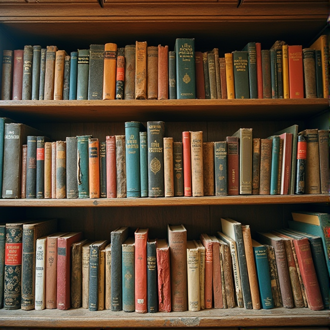 A wooden bookshelf filled with assorted aged books, showcasing diverse colors and visible wear, suggesting a rich history and collection.