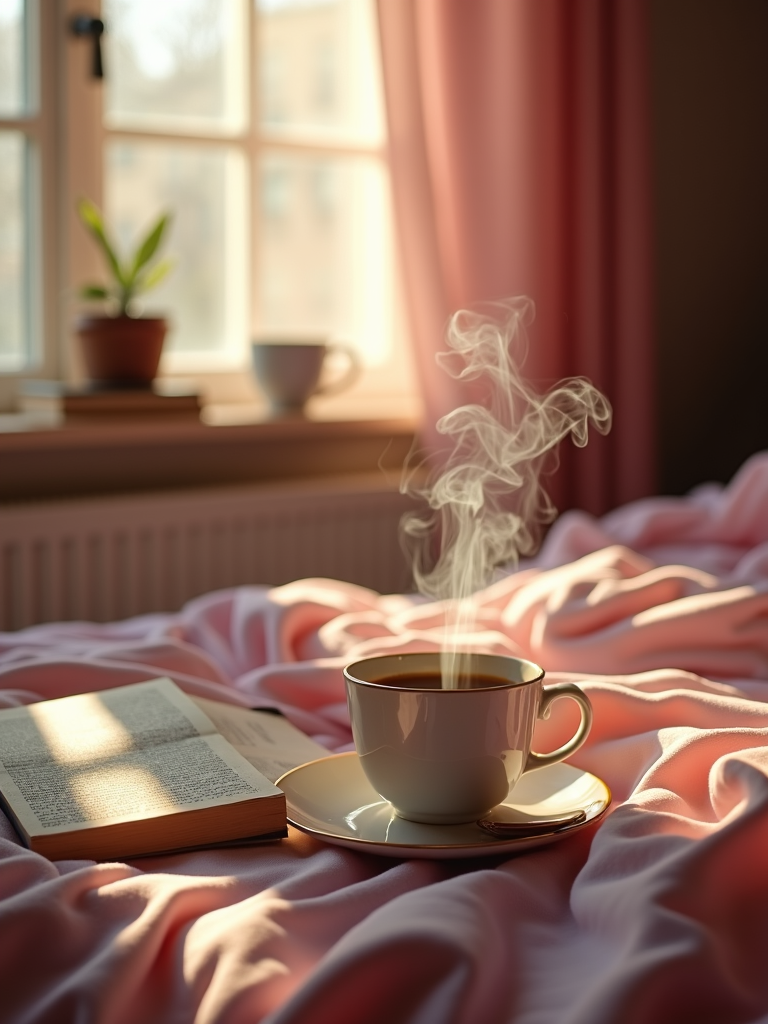 A steaming cup of coffee sits on a saucer beside an open book on a cozy, sunlit bed with pink sheets, with a potted plant and additional cup by the window.