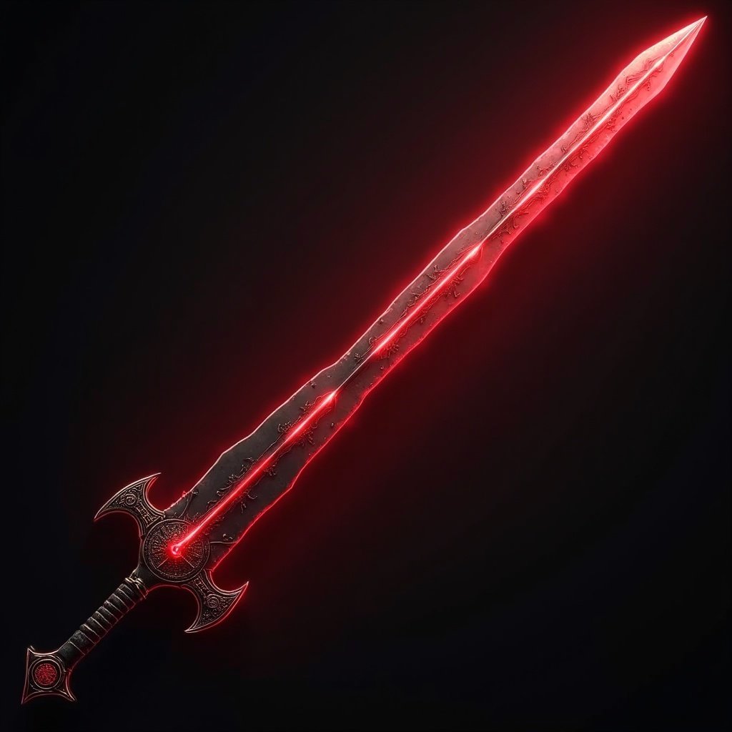 Long greatsword features red crimson runes on the hilt. Blade emits a red glow. Dark background highlights the sword's details.