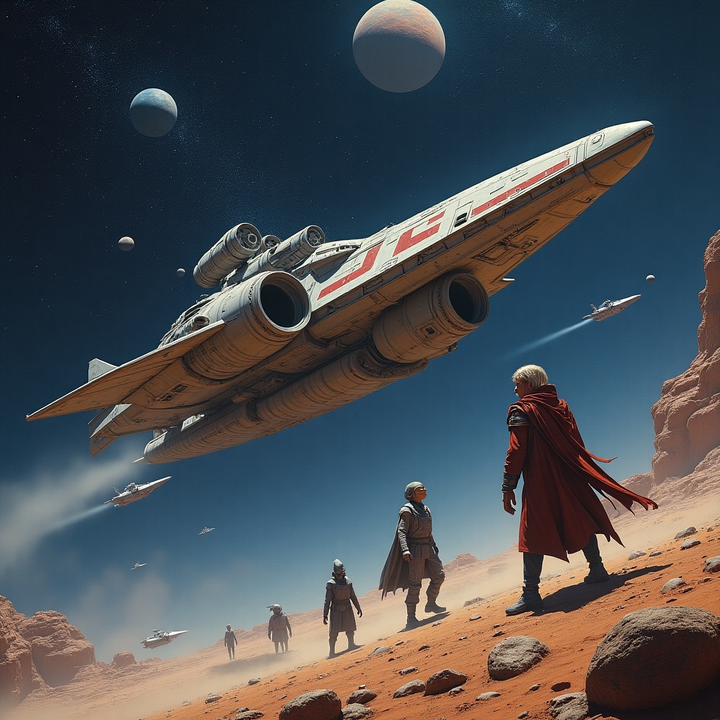 Spaceship hovering above a red desert landscape with characters standing below, planets in the background, showcasing an epic sci-fi theme.