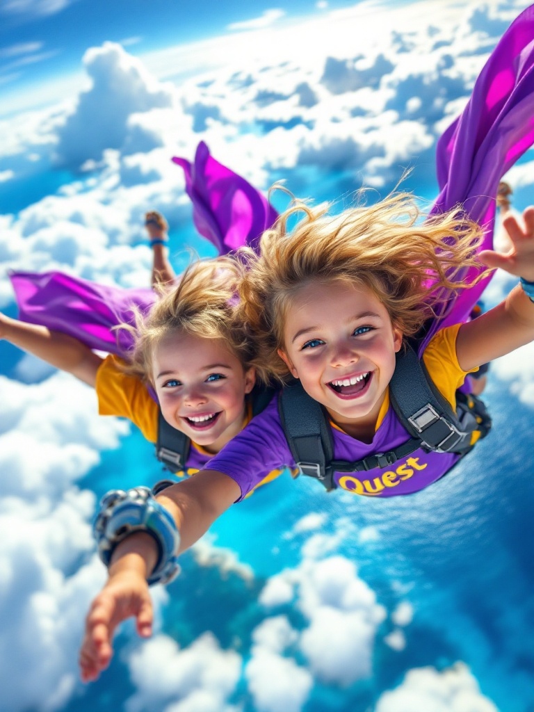 Two toddlers soar through the sky. Vibrant blue Caribbean Sea lies below. Dynamic purple capes flutter in the wind. Bright yellow shirts with Quest. Gleeful smiles and sparkling eyes show excitement. Warm sun glow enhances the perfect day.