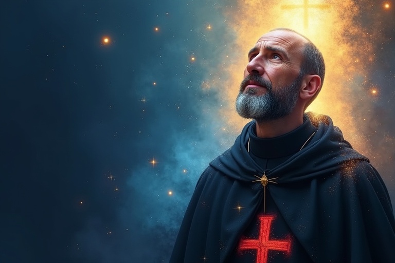 Vibrant modern digital artwork of Saint Camillus de Lellis. Close-up portrait in a black cassock with a red cross. Expression of deep faith. Surrounded by a soft divine glow. Background blends deep blue and golden light. Positioned on the right side. Large negative space on the left for text.