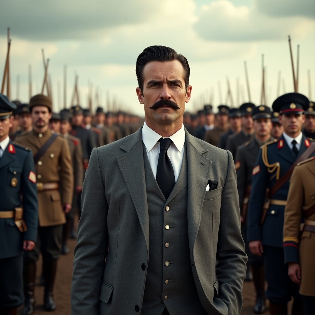 A man in a grey suit with a black mustache leads a formation of soldiers. Background features military personnel in uniforms, emphasizing authority and leadership.