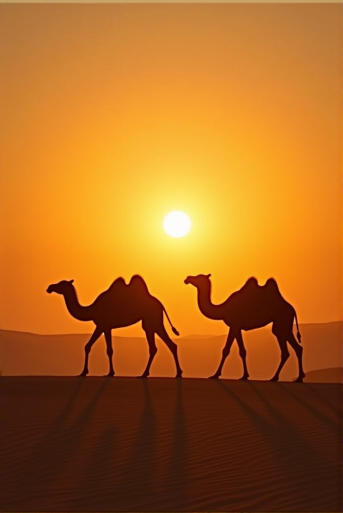 Two camels walk across a sandy desert at sunset, casting long shadows.