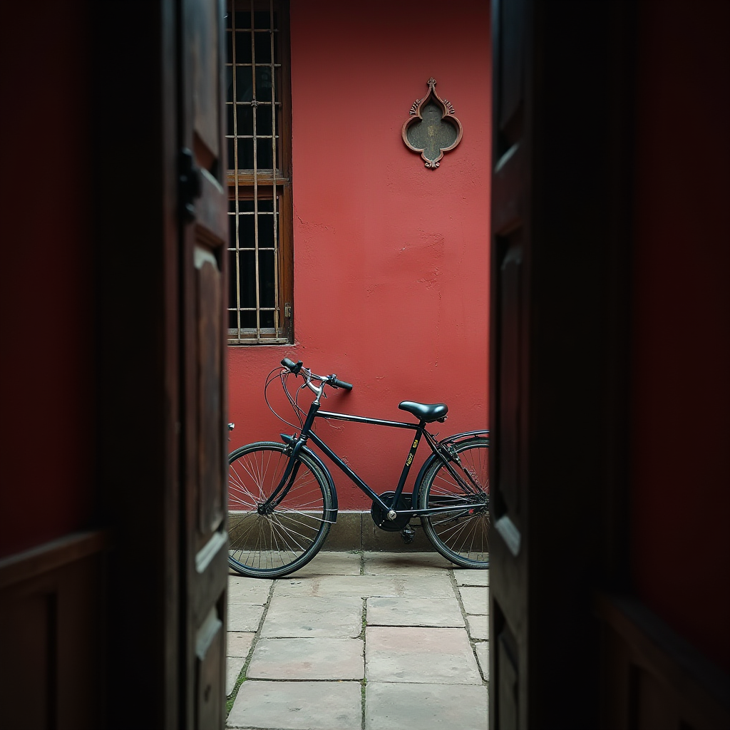 A black bicycle stands against a vibrant red wall adorned with ornate decoration and a barred window, viewed through an open doorway.