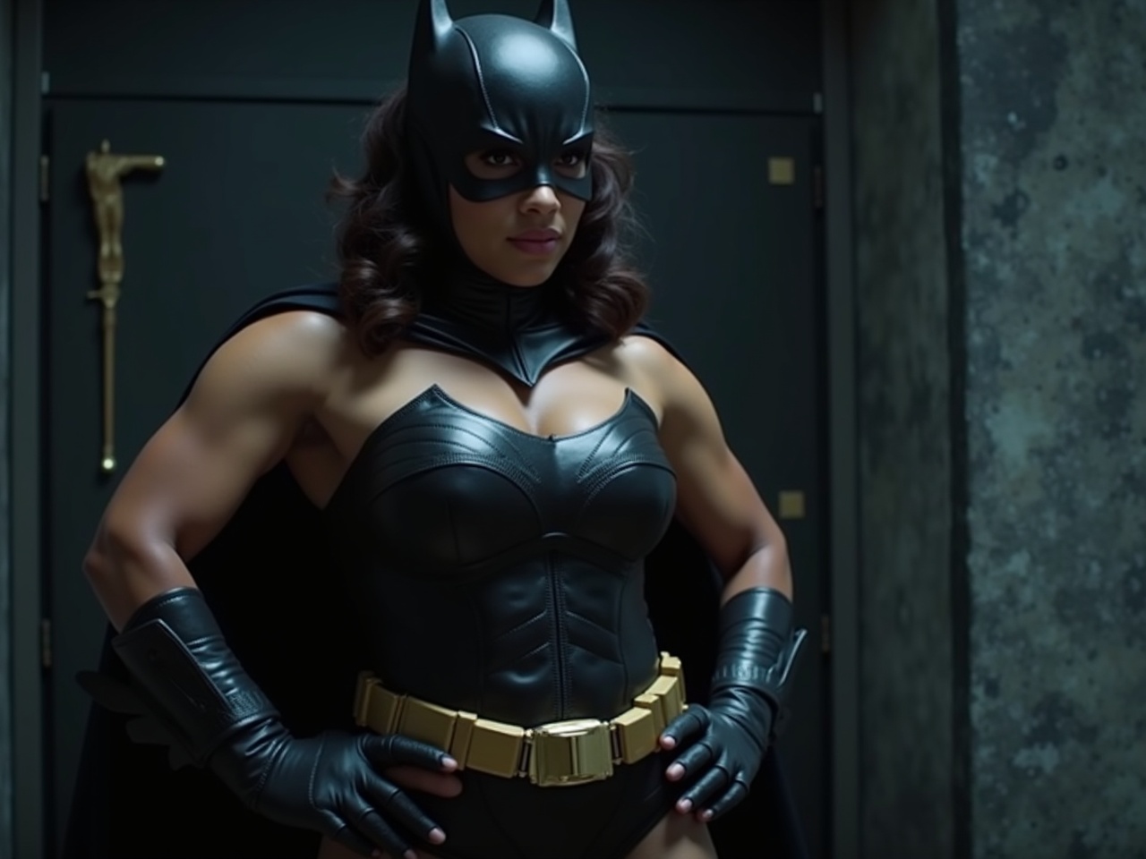 This image features a muscular depiction of Batgirl portrayed by Nia Jax. She is confidently standing in a dramatic pose within the Batcave. The character is dressed in a classic black Batgirl costume complete with a cowl and an iconic utility belt. The lighting creates a strong contrast, accentuating her powerful physique. The scene evokes the essence of a superhero ready for action, with hints of the dark and moody atmosphere typical of Gotham City.